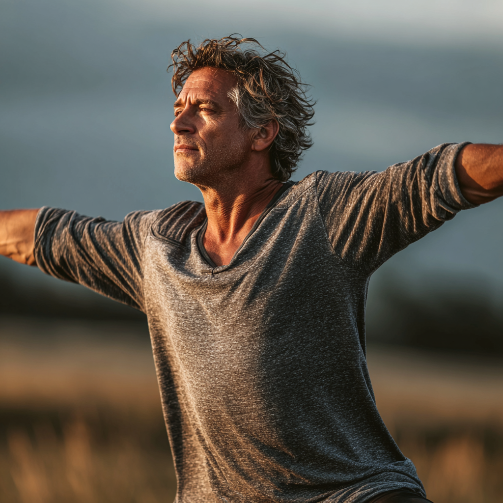 Mature man around fifty years old performing yoga warrior pose outdoors, showing strength and balance in peaceful natural environment
