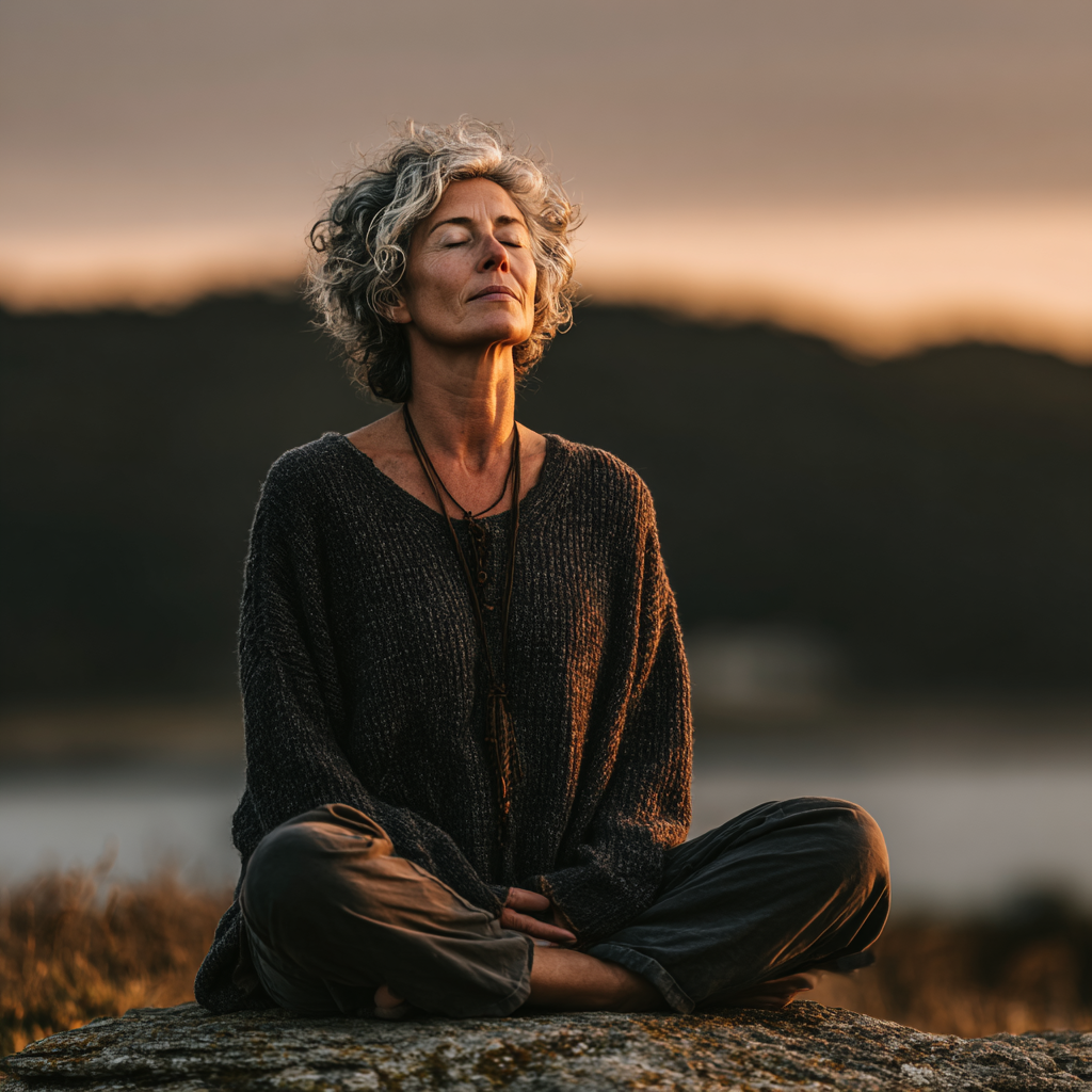 Peaceful middle-aged woman in her late forties sitting in lotus meditation pose in serene natural environment with soft lighting